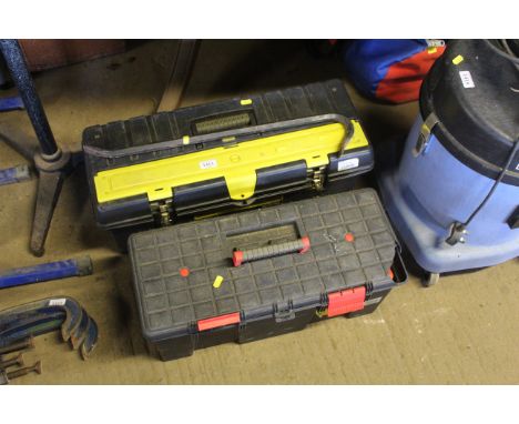 Two plastic tool boxes and contents of tools to include crow bar, pliers, screwdrivers, hammers, various spanners etc.