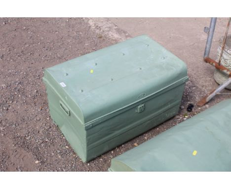 A green painted twin handled metal trunk
