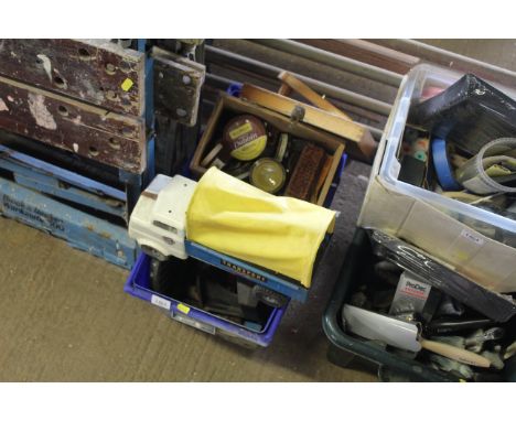 A plastic carte and contents of various items to include wooden shoe shining kit, a Tri-ang transport wagon, shoe last, woode