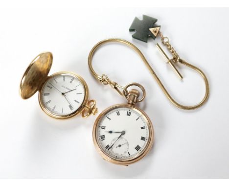 POCKET WATCHES. A gold plated, open faced pocket watch in Dennison case, with gilt metal snake watch chain & greenstone Malte