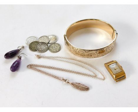 COSTUME JEWELLERY ETC. A gold plated bangle & a gold plated vintage wristwatch. Also, a pair of amethyst drop earrings, six s