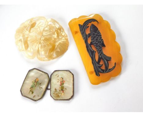 BUCKLES. Three two-part buckles: a Chinese silver & mother of pearl (decoration worn); a two-part marbled celluloid buckle & 