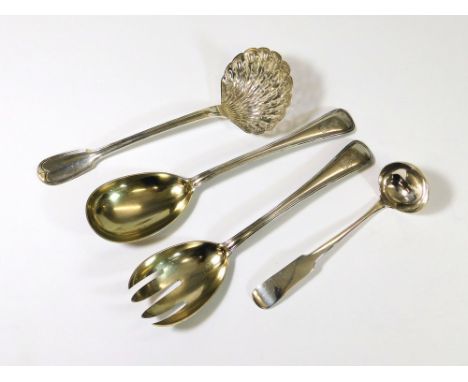 FRENCH SILVER ETC. A French silver strainer spoon, a pair of German silver salad servers by Lodholz & an English silver hallm