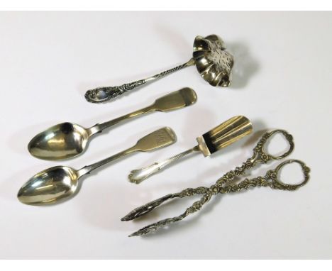 SPOONS ETC. Two Georgian fiddle pattern teaspoons & a sugar sifting spoon. Also, an 800 Standard silver caddy spoon & a pair 