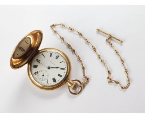 POCKET WATCH. A gold plated Elgin, full hunter pocket watch with Illinois watch case, hung on a 9ct. gold fancy link watch ch