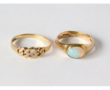 OPAL RING ETC. A 9ct. gold ring set an oval opal with closed back. Also, one other 9ct. gold dress ring. Approx. 4.9g.  Pleas