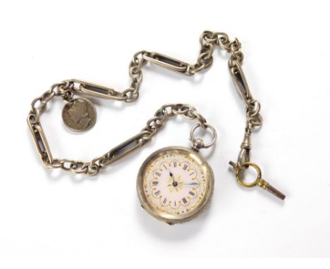 FOB WATCH. A continental 935 Standard cased fob watch, hung on a fancy link silver watch chain with watch key & coin attached