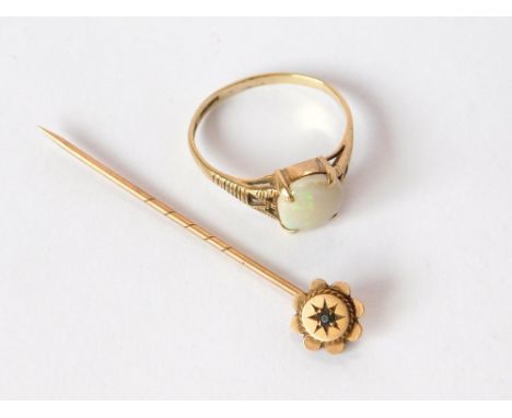 STICK PIN ETC. A 9ct. gold diamond set stick pin & a 9ct. gold opal dress ring.  Please note that all items in this auction a