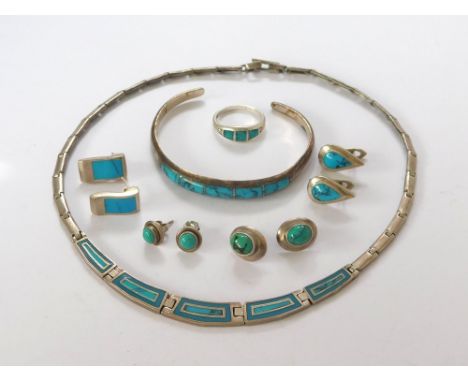 SILVER & TURQUOISE. A silver & turquoise set necklace in Mexican style & a similar bangle & dress ring. Also, four pairs of s