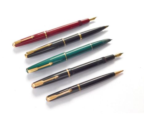 PARKER. A black Parker Slimfold fountain pen & a black Parker propelling pencil. Also, a maroon Slimfold, a jade green 17 & o