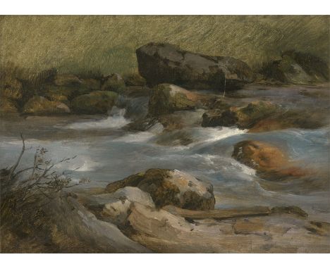 Gauermann, Friedrich -- Wildbach Strub bei Ischl.Öl auf Papier, auf Karton kaschiert. 20 x 27,5 cm. Verso auf dem Karton in B