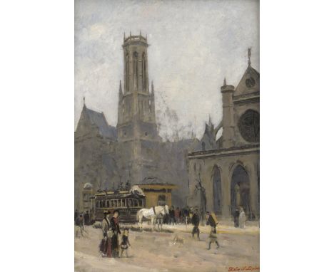 Lépine, Stanislas -- oder Werkstatt. La Place Saint-Germain l’Auxerrois.Öl auf Leinwand. 46 x 32,5 cm. Rechts unten mit der N