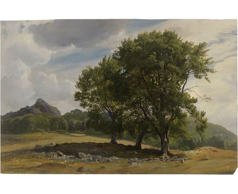Hummel, Carl Maria Nikolaus -- Landschaft mit der Milseburg bei Kleinsassen in der Rhön.Öl auf festem Papier. 33,4 x 50,6 cm.