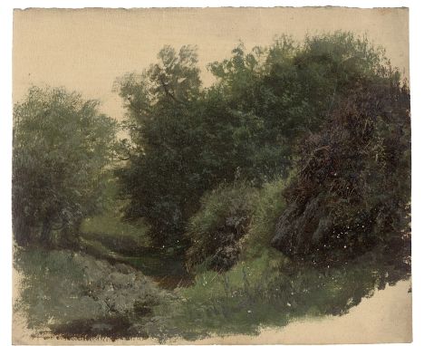 Piepenhagen, Charlotte -- Waldpartie mit Bachlauf.Öl auf Papier. 23,5 x 27,8 cm. Verso von einem Mitglied der Familie Piepenh