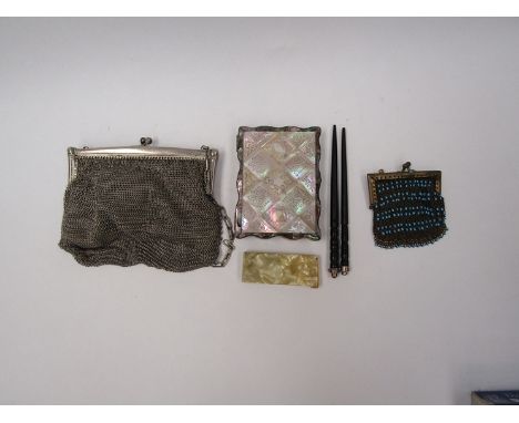 A chainmail handbag and purse, a pair of ebonised bobbin winders and a mother-of-pearl card case 