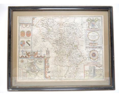 Derbyshire, John Speed: 'Anno Darbieshire described', hand coloured engraved map, [1676], Thomas Bassett &amp; Richard Chiswe