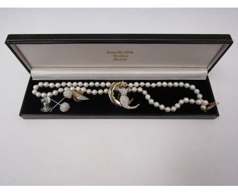 A collection of jewellery to include pearl necklace with 9ct gold clasp, diamante cat brooch etc 