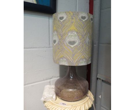 A modern glass based lamp with peacock feather shade 