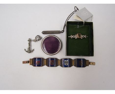 Silver propelling pencil, Art pewter jewellery, Gillouche box and enamel panel bracelet 