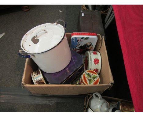 An enamel flour tin (a/f) and a box of tins 