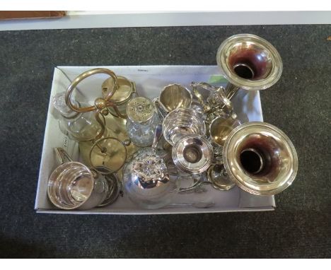 A silver candlestick and mixed decorative EPNS items 