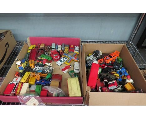 Two boxes of playworn mainly diecast  vehicles including Matchbox, Corgi etc. 
