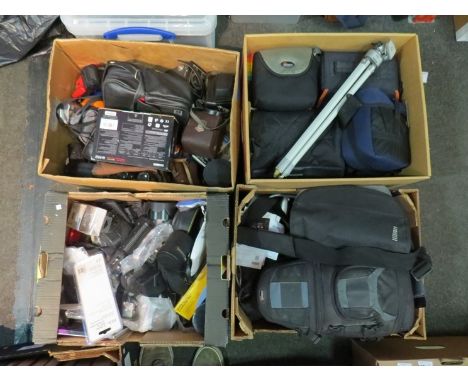 Four boxes containing cameras and accessories, some for spares and repairs to include Panasonic video recorder, tripod stand,