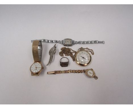 A selection of ladies watches, a marcasite brooch and a silver three pence ring etc 