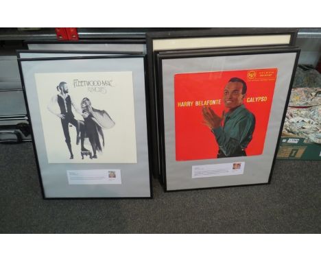 A selection of framed vinyl record sleeves, including Fleetwood Mac, The Libertines etc and a print 