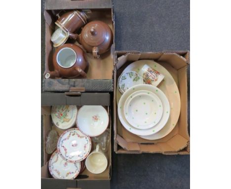 Three boxes of mixed including part T.G Green dinner service, five bowls, one large bowl and platter a/f. Mintons saucers, gl