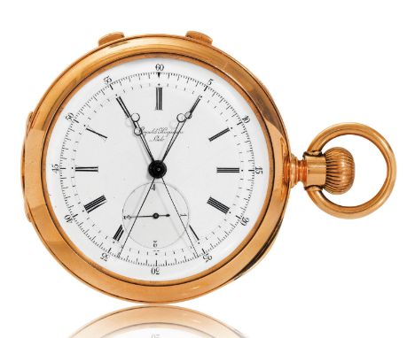 Leopold Huguenin, seltener Chronograph Rattrapant mit 1/4-Sekunde, ca. 1880.Roségold 585.D 56,5 mm.Seltene Kombination aus Sc