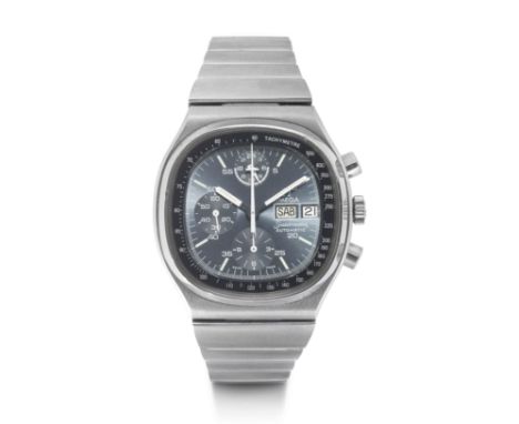 Omega, attraktive Speedmaster, ca. 1975.Edelstahl.D 40 x 43 mm.Referenz Nr: 176.014Gehäuse Nr: Verschraubtes Gehäuse.Zifferbl