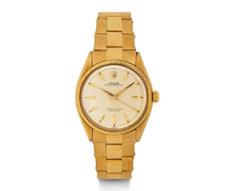 Rolex, sehr seltene und attraktive Herrenuhr Oyster Perpetual, 1959.Gelbgold 750.D 34 mm.Früher Rolex Klassiker in einer auss