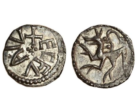 Northumbria, Aelfwald (first reign 779/80-788), Sceatta, 1.08g., +ECFVAIV, around cluster of pellets, rev. stylised stag left