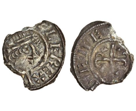 Mercia, Berhtwulf (840-52), portrait types, Penny, 0.64g., London, Deneheah, [..]LF REX, diademed bust right, rev. [.]DENE[.]