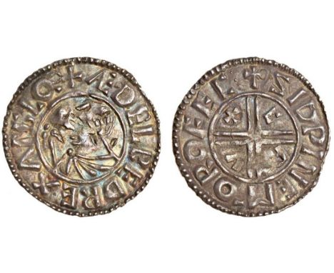 Aethelred II (978-1016), Penny, 1.23g, Crux type, Rochester, Sidewine, bare headed bust left with sceptre, rev. +SIDPINE M-O 