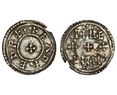 Eadred (946-54), Halfpenny, 0.59g., HT1, Wigelm,+EADRED RE, rev. &#447;IGE/LM M., quatrefoil above, trefoil below (N.721/1; S