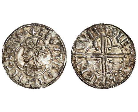 Cnut (1016-35), Penny, 0.95g, Quatrefoil type, Buckingham, Leofric, crowned bust left within quatrefoil, rev. +LE:OFRIC M BVH