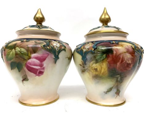 Pair of late 19th century Hadleigh Worcester vases and reticulated covers, both vases decorated with roses, Royal Worcester m