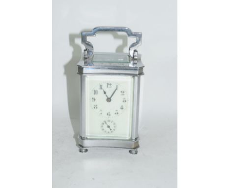 Silver metal carriage clock, white enamel dial and residual second dial