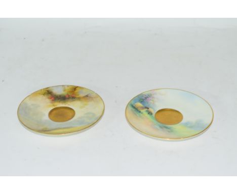 Two Royal Worcester saucers, one decorated with flowers signed Austin (section of rim broken and re-stuck), and second with s