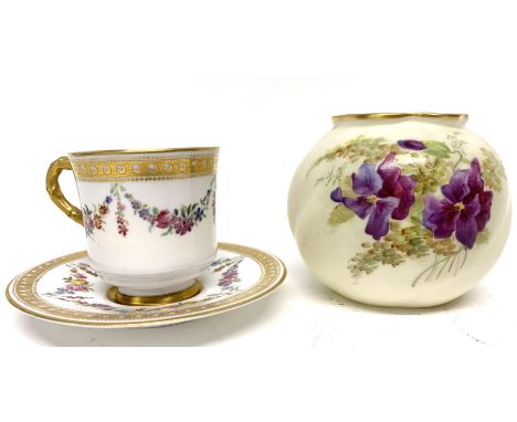 Small Grainger Worcester globular vase decorated with violets, together with a Royal Worcester vase decorated with floral swa