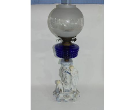 Oil lamp with blue glass reservoir below a white glass floral shade, supported by a porcelain column flanked by a lady and ch