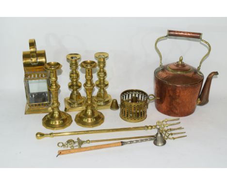 Mixed Lot of copper and brass wares comprising a  Victorian warming pan, a kettle, two pairs of candlesticks, a small lantern