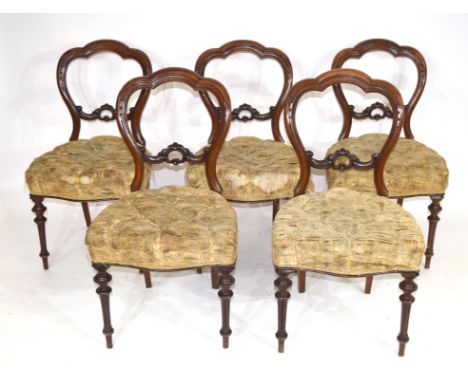 Set of six Victorian mahogany balloon back dining chairs raised on turned legs fitted with button upholstered seats, 85cm hig