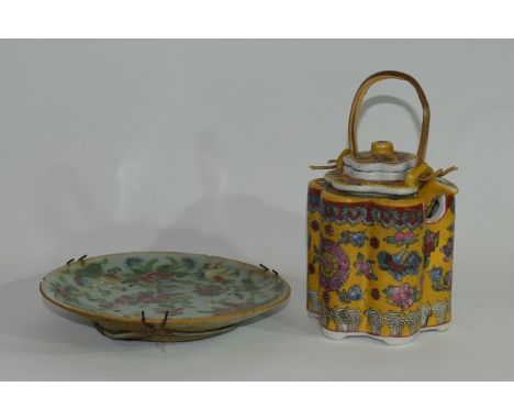 Small Cantonese porcelain dish, the celadon ground decorated with flowers and butterflies, together with a porcelain kettle o