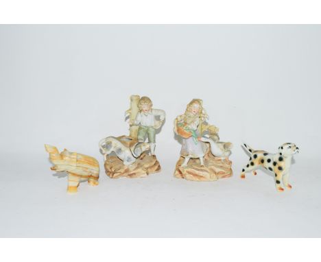 Group of ceramic items, two spill vases of children, one with a dog by his side, the other a girl with geese, together with a
