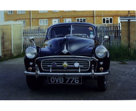 A 1955 Morris Minor four door saloon, registration number OVB 776, chassis number FAA/390117, black. This split screen four d