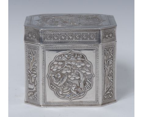 A Chinese silver canted square  tea caddy, embossed with shaped cartouches, each with pine, willow, animals and figures, bamb