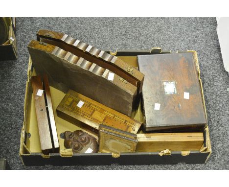 Boxes and Objects - cribbage board; a mahogany work box mother of pearl inlay; a mahogany glove box;  etc ( 1 box)
